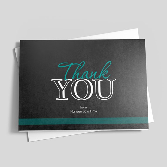 thank you card with black background and teal stripe