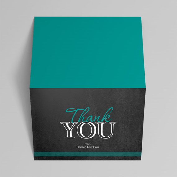 thank you card with teal and black design, customizable text area