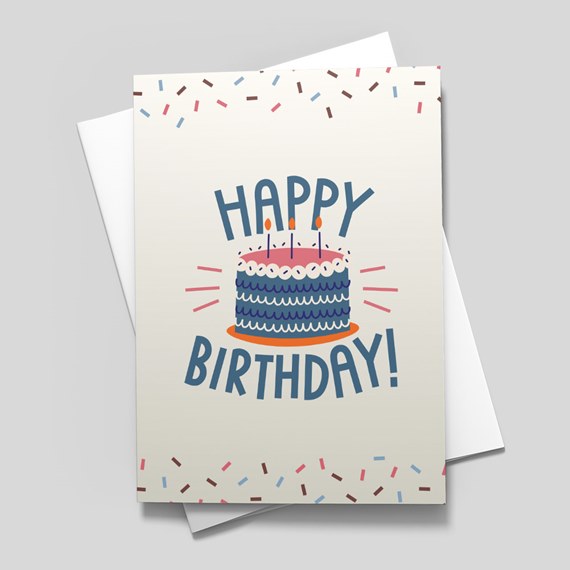 birthday card with cake illustration and confetti