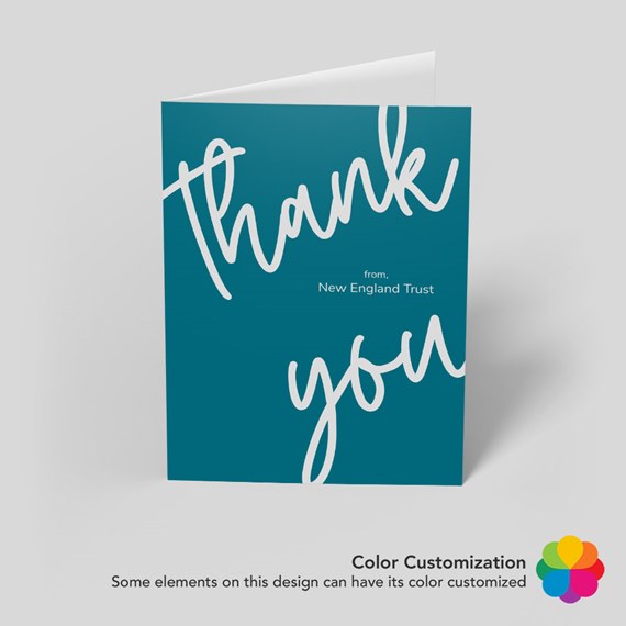 thank you card with teal background and white cursive text, photo area