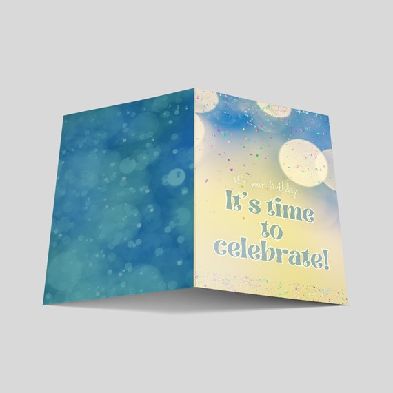 birthday card with blue bokeh and glitter accents, customizable text area