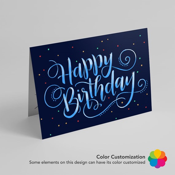 birthday card with blue text and colorful confetti