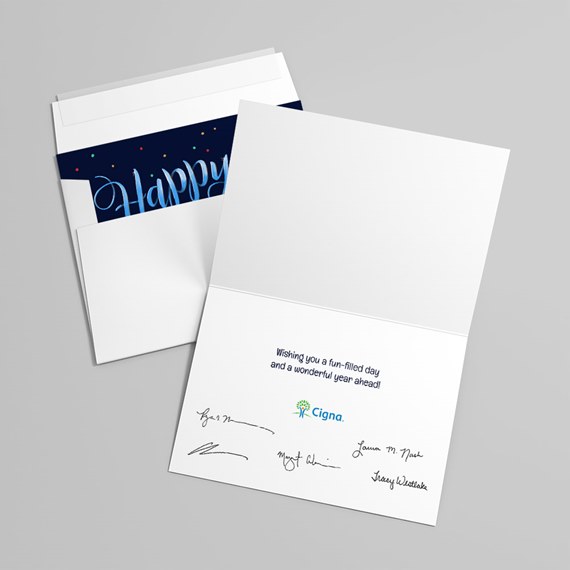 greeting card with navy blue interior and colorful dots