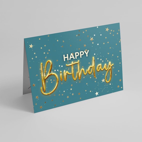 teal birthday card with gold and white text and star accents