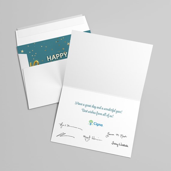 greeting card with teal interior and gold stars, customizable text area