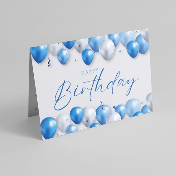birthday card with blue and silver balloons, customizable text area