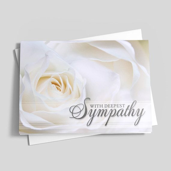 sympathy card with white roses and silver text