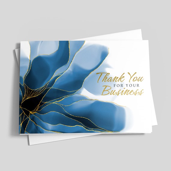 greeting card with blue floral design and gold text
