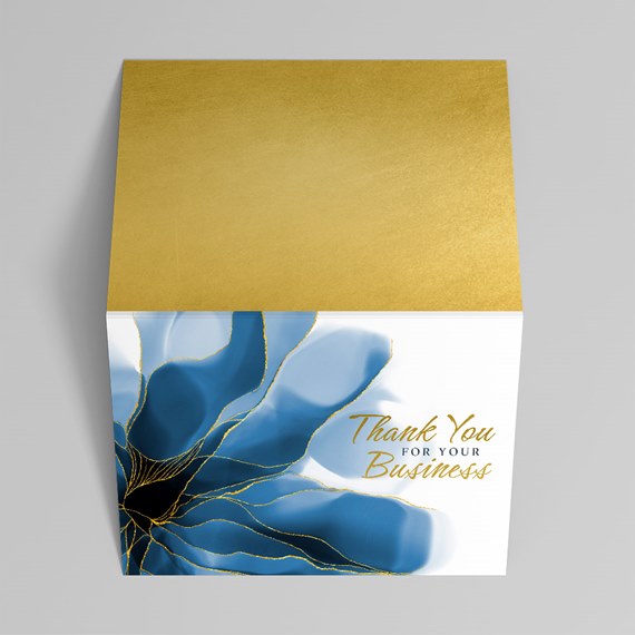 gold top box with blue floral design and thank you text