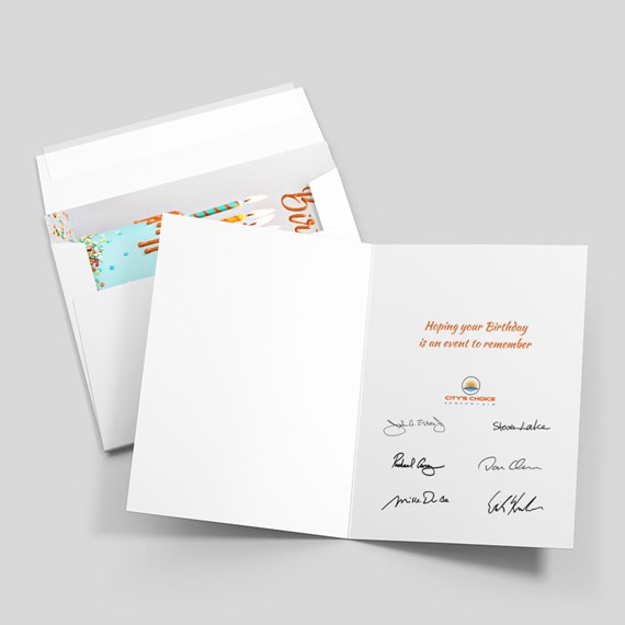 birthday card with colorful candles and sprinkles, customizable text area