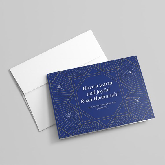 blue greeting card with star of David design, text area