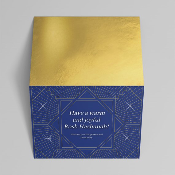 gold and blue card with geometric design and text