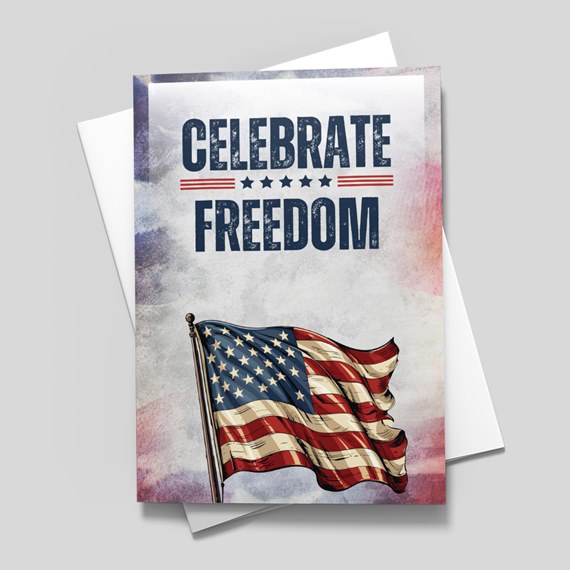 greeting card with American flag and celebrate freedom text