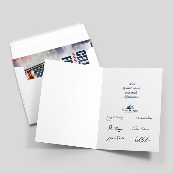 folded card with printed text and signatures, decorative envelope