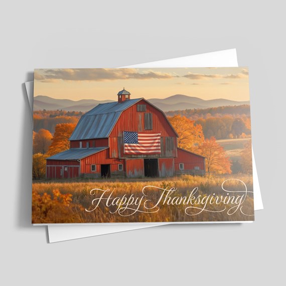 thanksgiving card with red barn and flag