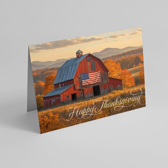 Thanksgiving card with barn and autumn scenery