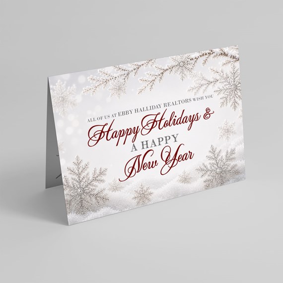 holiday card with snowflakes and text