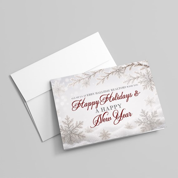 holiday greeting card with snowflakes and text