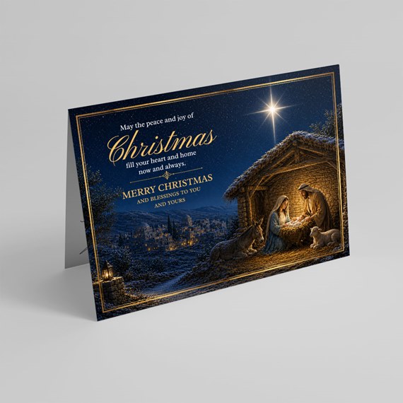 Christmas card with nativity scene and gold accents