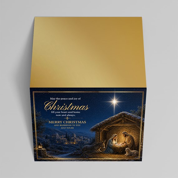 holiday card nativity scene and gold top