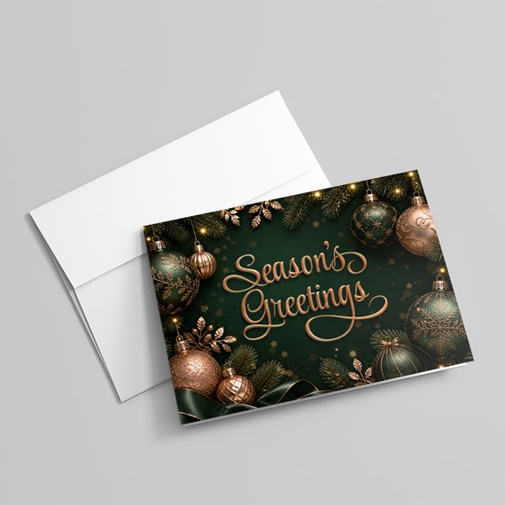 holiday greeting card with ornaments and text placeholder