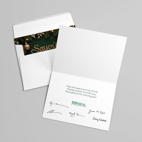 greeting card with dark green interior and gold decorations, customizable text area