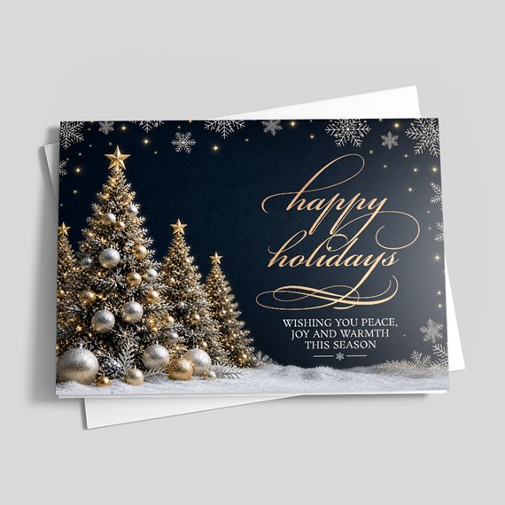 holiday card with Christmas trees and text