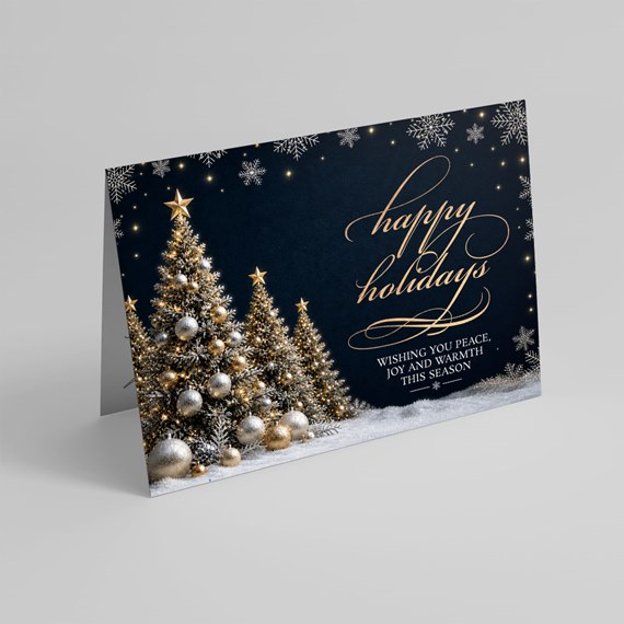 holiday card with trees and decorative text
