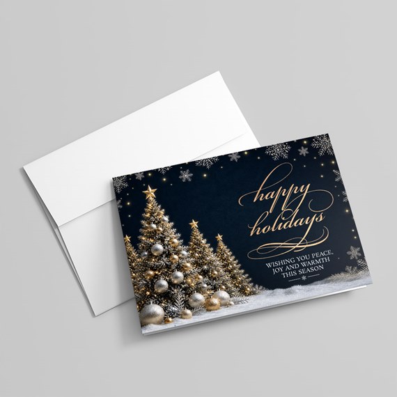 holiday card with Christmas tree and snowflakes