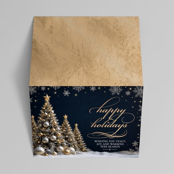 gold and dark blue holiday card design with trees and snowflakes