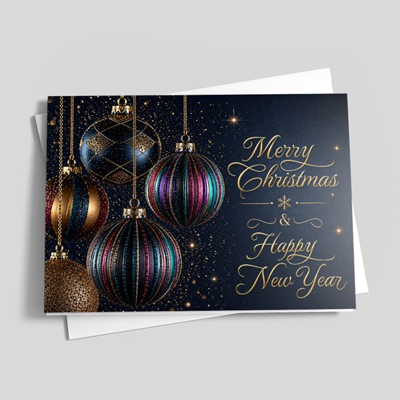 holiday card with ornaments and text