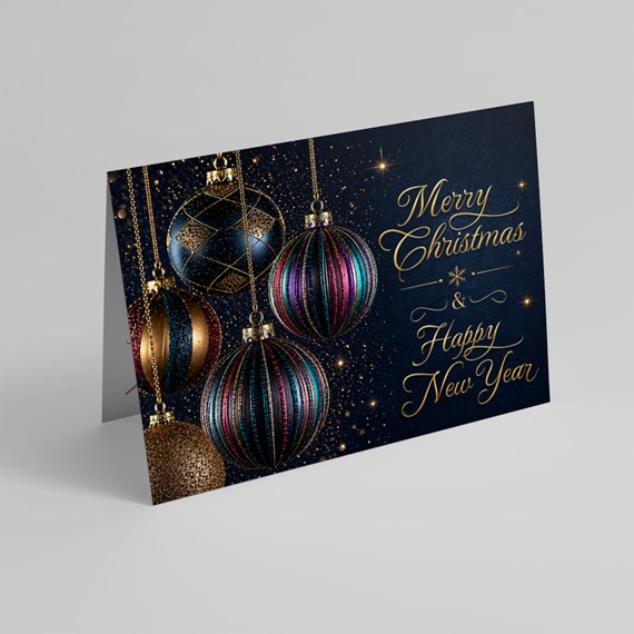 Christmas card with ornaments and text