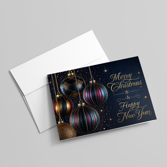 colorful christmas ornaments greeting card with customizable text area