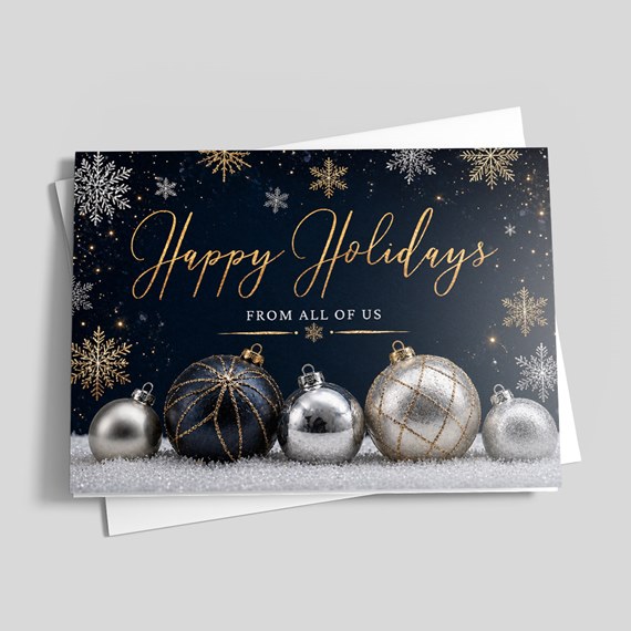 holiday card with ornaments and snowflakes