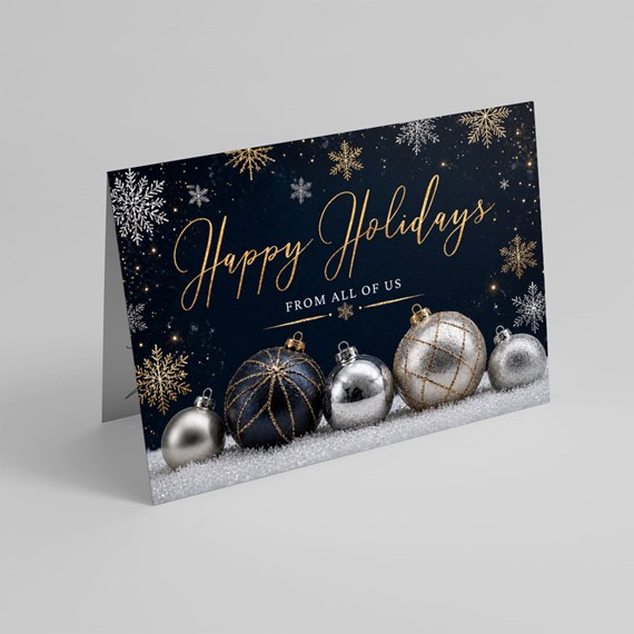 holiday card with ornaments and snowflake design
