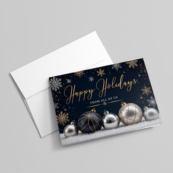 holiday card with ornaments and snowflakes