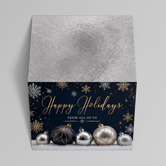 holiday card with ornaments and snowflakes, silver top, customizable text area