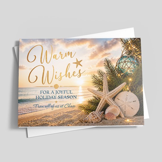 beach holiday card with seashells and text