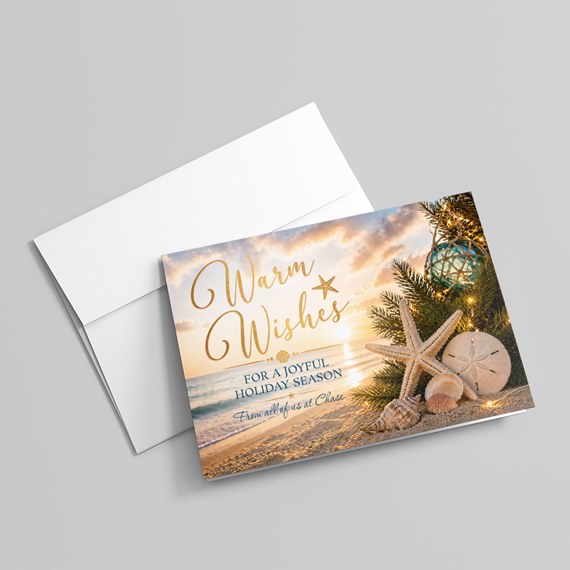 holiday card with beach scene and decorative elements