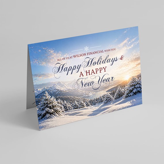 holiday greeting card with winter landscape and text