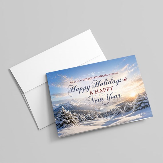 holiday card with scenic mountain design and text