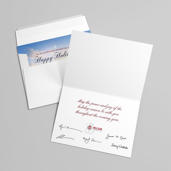 folded card with holiday greeting and logo placeholder