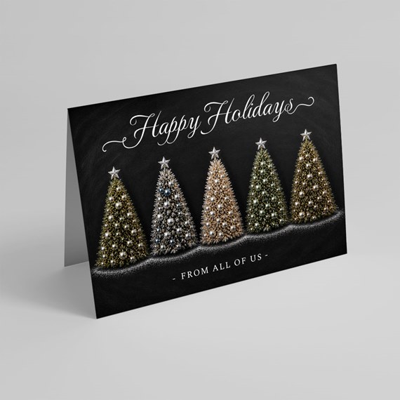holiday card with Christmas trees and customizable text area