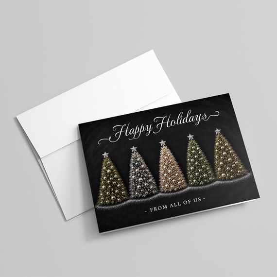 holiday card with Christmas trees and text