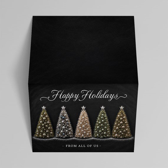 black holiday card with Christmas trees and text