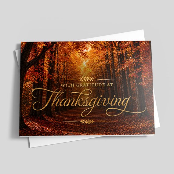 autumn forest card with gold text