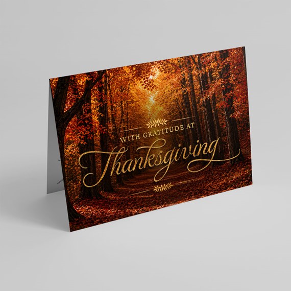 autumn forest greeting card with gold text
