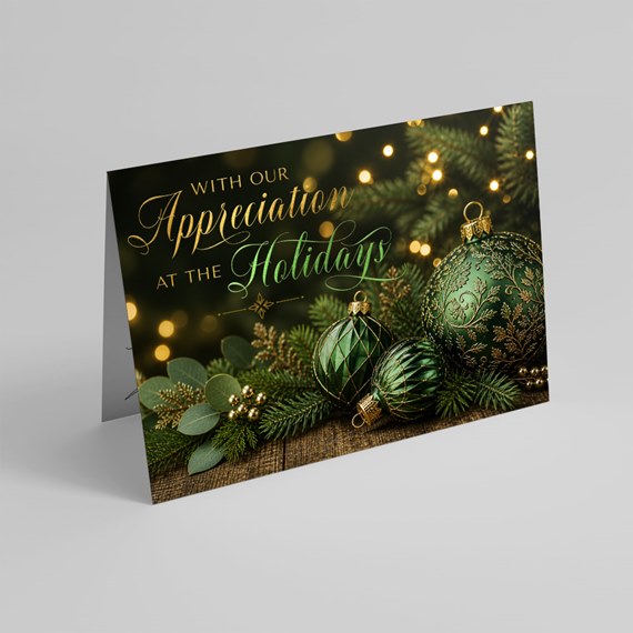 holiday card with green ornaments and text