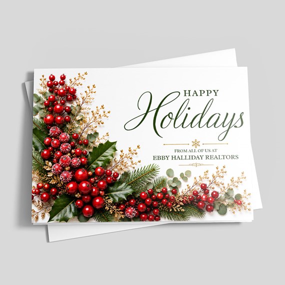 holiday card with berries and greenery