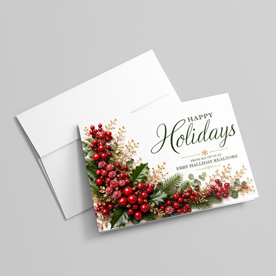 holiday card with berry and leaf design, photo placeholder